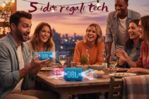 tavolata di persone sul terrazzo che ascoltano la musica grezie ad una cassa mussicale